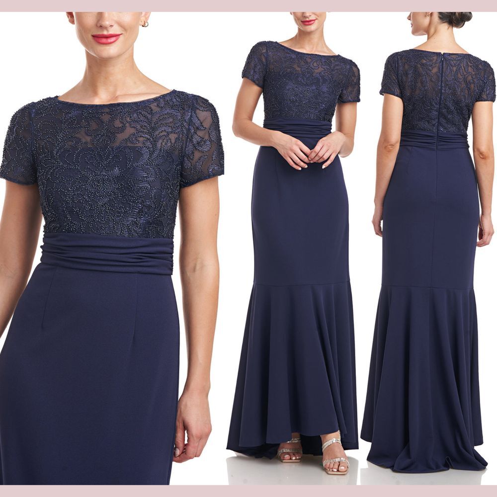 JS Collections Navy Blue Lace Gown mother of the bride/ groom